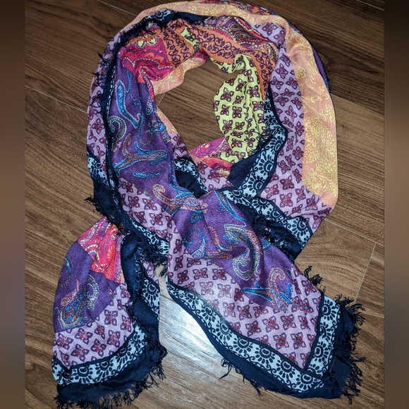 Tarnish - Large Square Paisley Patchwork Scarf - Coral, Navy, Purple, Yellow - Picture 13 of 14